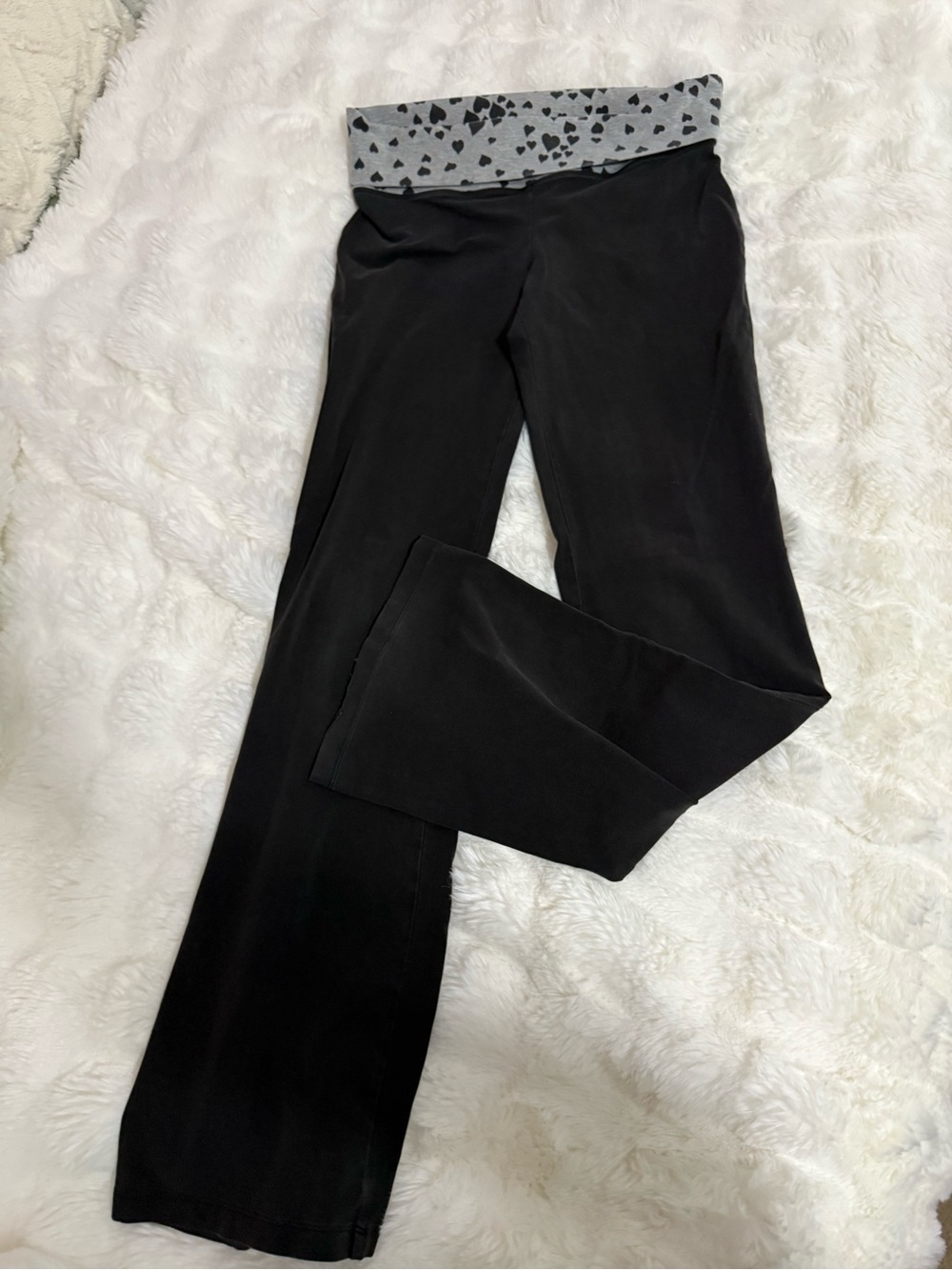 PINK Victoria's Secret Black Boot Cut Pants with Gray Heart Fold-Over Waistband